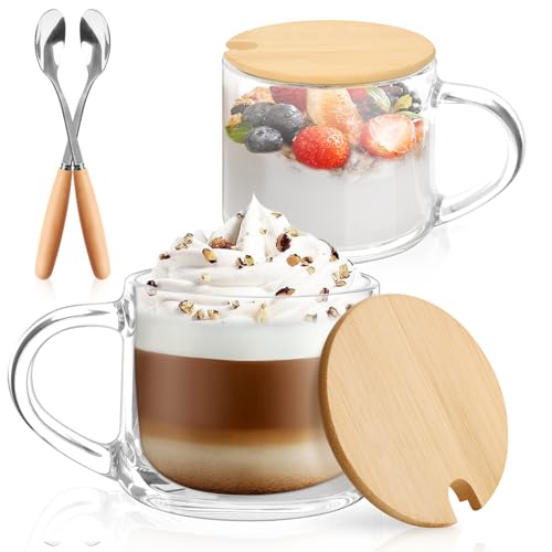 Anhow 2er Cappuccino Tassen, 350ml Latte Macchiato Gläser mit Deckel und Löffel Gläser Geriffelt Espresso Tassen Set Kaffeegläser für Latte/Cappuccino/Getränke/Tee/Kaffee - Transparent von Anhow