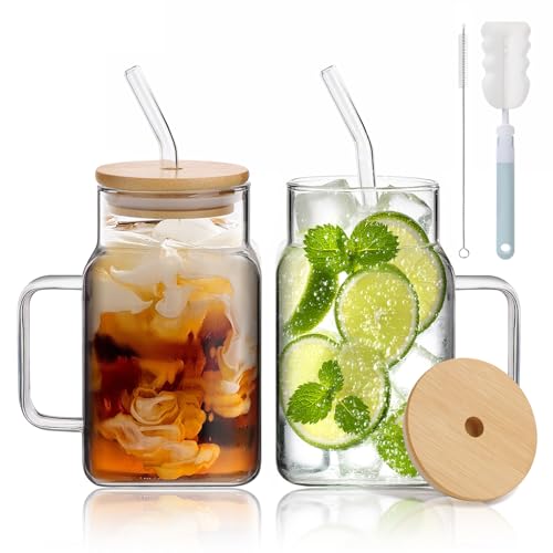 Anhow 2er Gläser mit Deckel und Strohhalm, 620ml Große Trinkglas Quadrat Dosenförmige Glasbecher Trinkgläser mit Henkel für Eiskaffee, Smoothies, Limonaden, Cocktails, Matcha Latte Anhow 2er Gläser mit Deckel und Strohhalm, 620ml Große Trinkglas Quadrat Dosenförmige Glasbecher Trinkgläser mit Henkel für Eiskaffee, Smoothies, Limonaden, Cocktails, Matcha Latte von Anhow