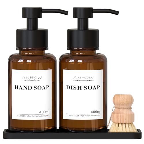 Anhow 2er Seifenspender, 400ml Glas Shampoo Spender für mit 16er Kategorie Etikett und Silikon Tablett Spülmittelspender für Badezimmer und Küche - Braun Anhow 2er Seifenspender, 400ml Glas Shampoo Spender für mit 16er Kategorie Etikett und Silikon Tablett Spülmittelspender für Badezimmer und Küche - Braun von Anhow