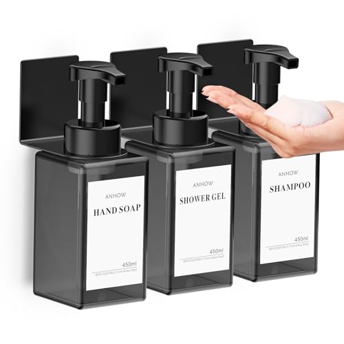 Anhow 3er Seifenspender Wandbefestigung Set, 450ml Schaumseifenspender Wand Ohne Bohren Kunststoff Seifenspender Spülmittelspender für Küche und Badezimmer - Grau von Anhow