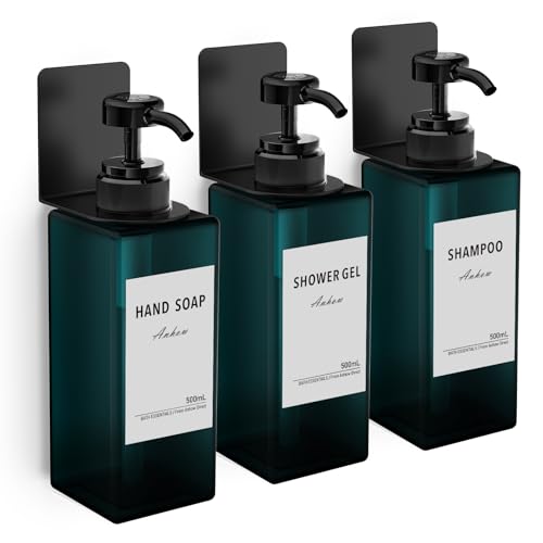 Anhow 3er Seifenspender Wandbefestigung Set, 500ml Seifenspender Wand Ohne Bohren Kunststoff Spülmittelspender für Küche und Badezimmer - Blau von Anhow