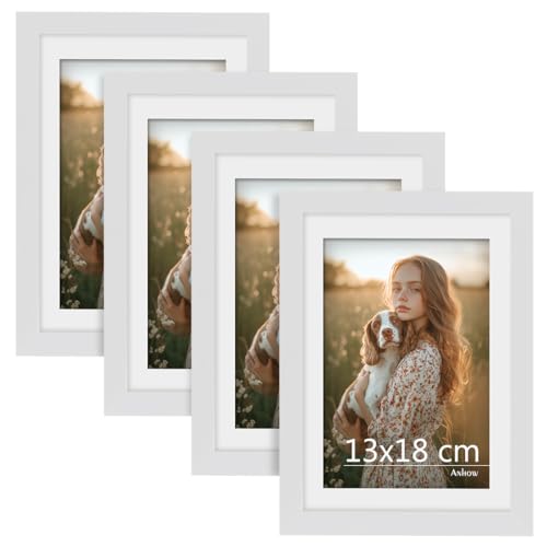Anhow 4er Bilderrahmen 13x18 cm, PVC Fotorahmen Collage Set mit Passepartout für 10x15 cm Fotos Horizontal oder Vertikal für Wandbehänge/Tischdekoration - Weiß von Anhow