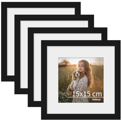 Anhow 4er Bilderrahmen 15x15 cm, PVC Fotorahmen Collage Set mit Passepartout für 10x10 cm Fotos Horizontal oder Vertikal für Wandbehänge/Tischdekoration - Schwarz von Anhow