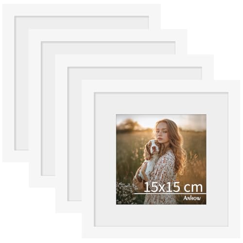 Anhow 4er Bilderrahmen 15x15 cm, PVC Fotorahmen Collage Set mit Passepartout für 10x10 cm Fotos Horizontal oder Vertikal für Wandbehänge/Tischdekoration - Weiß von Anhow