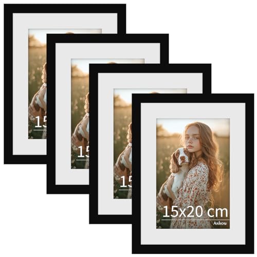 Anhow 4er Bilderrahmen 15x20 cm, PVC Fotorahmen Collage Set mit Passepartout für 10x15 cm Fotos Horizontal oder Vertikal für Wandbehänge/Tischdekoration - Schwarz von Anhow