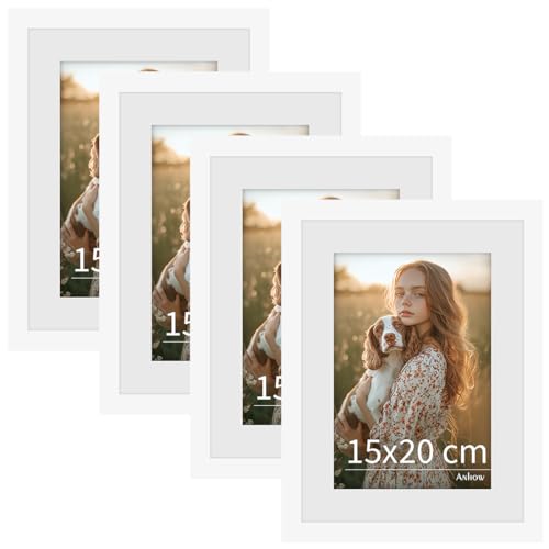 Anhow 4er Bilderrahmen 15x20 cm, PVC Fotorahmen Collage Set mit Passepartout für 10x15 cm Fotos Horizontal oder Vertikal für Wandbehänge/Tischdekoration - Weiß von Anhow