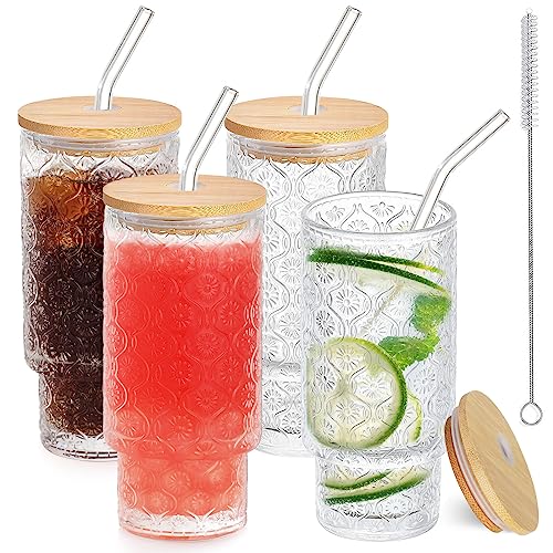 Anhow 4er Cocktail Gläser Set, 350ml Blume Longdrinkgläser mit Deckel, Eiskaffee Gläser mit 4 Strohhalm/ 1 Bürsten für Wasser, Cocktails, Saft - Transparent von Anhow