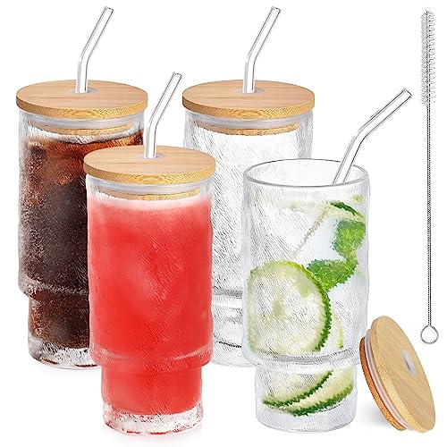 Anhow 4er Cocktail Gläser Set, 350ml Gletscher Longdrinkgläser mit Deckel, Eiskaffee Gläser mit 4 Strohhalm/ 1 Bürsten für Wasser, Cocktails, Saft - Transparent von Anhow