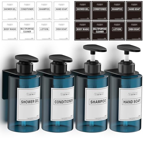 Anhow 4er 300ml Seifenspender Wandbefestigung Set Duschgelspender Seifenspender Wand Ohne Bohren mit Trichter und Wasserdichten Etiketten für Küche Bad Handseife Shampoo Spülmittel Duschgel, Blau von Anhow