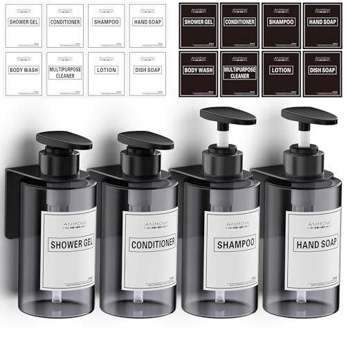 Anhow 4er Seifenspender Wandbefestigung Set, 300ml Seifenspender Wand Ohne Bohren Leere Duschgel Spender mit 12er Kategorie Etikett für Dusche/Küche/Badezimmer - Grau von Anhow