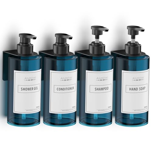 Anhow 4er Seifenspender Wandbefestigung Set, 500ml Seifenspender Wand Ohne Bohren Kunststoff Leere Pumpflasche mit 12er Kategorie Etikett für Dusche/Küche/Badezimmer - Blau von Anhow