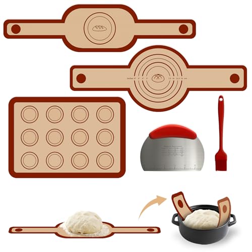Anhow 5er Silikon Backmatte Brot Set, Wiederverwendbare Silikon Brotschlinge für Dutch Oven mit 30x21 cm Macarons Backmatte und Teigschneider/Ölpinsel - Rot von Anhow