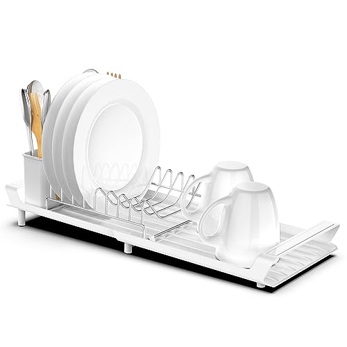 Anhow Abtropfgestell Geschirr, Ausziehbares Geschirrabtropfgestell mit Geschirr Tablett aus Edelstahl für Teller, Tasse, Küchenwaren - Weiß/ 28-47cm von Anhow