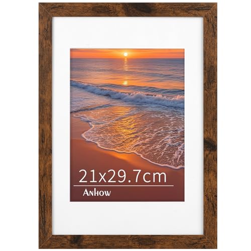 Anhow Bilderrahmen A4 21x29,7 cm, MDF Bilderrahmen Set mit Passepartout für 15x20 cm Fotos, Posterrahmen Groß mit Transparente Acrylplatte für Wandbehänge - Walnussfarbe von Anhow