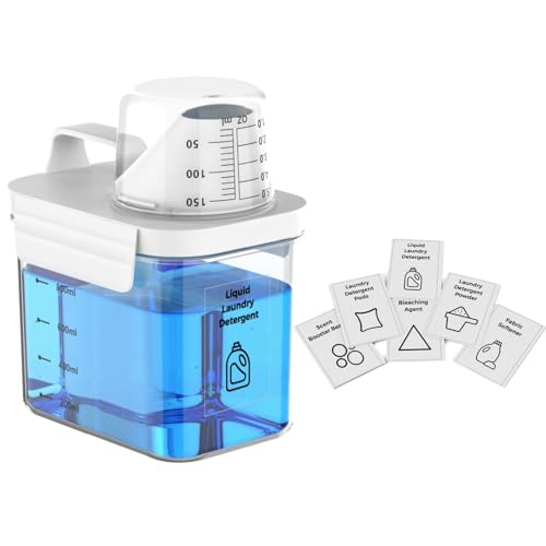 Anhow 1100ml Waschmittel Aufbewahrung, Waschpulver Aufbewahrungsbox mit Messbecher Aufbewahrung Vorratsgläser und 6pcs Kategorie Aufkleber für Waschmittel, Waschpulver - Transparent von Anhow