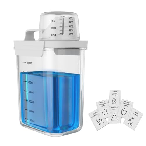 Anhow Waschmittel Aufbewahrung, Waschpulver Aufbewahrungsbox mit Messbecher Aufbewahrung Vorratsgläser und 6pcs Kategorie Aufkleber für Waschmittel, Waschpulver - Transparent/1400ml von Anhow