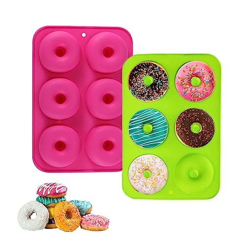 2 Stück Silikon Donut Formen - 6 Hohlräume Donut Backform Antihaft Backblech, Donuts Backform für Kuchen, Kekse, Bagels, Muffins, Grün und Rosa von Anicy