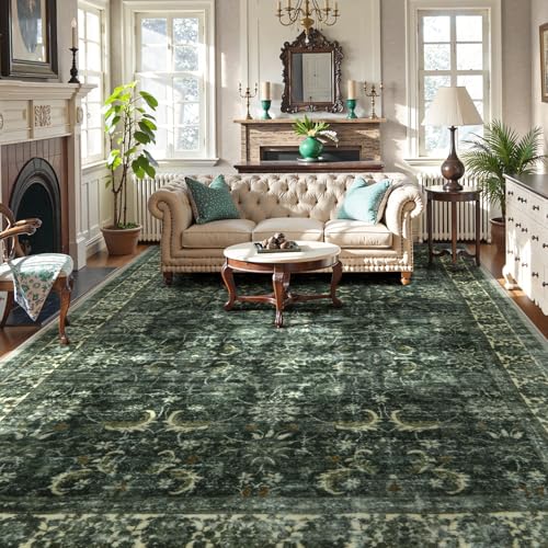 Anidaroel Dunkelgrüner großer Teppich, rutschfest, waschbar, für Wohnzimmer, Used-Look, Blumenmuster, Boho-Teppich, schmutzabweisend, für unter dem Tisch, niedriger Flor, für den Innenbereich von Anidaroel