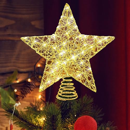 Christbaumspitze, 25 cm Baumspitze Weihnachten, Metall Design glitzerte 20 LED Lichter Christbaumspitze Stern für Festliche Weihnachten zu Hause Weihnachtsbaum Deko (Glittery Gold) von Aniepaa