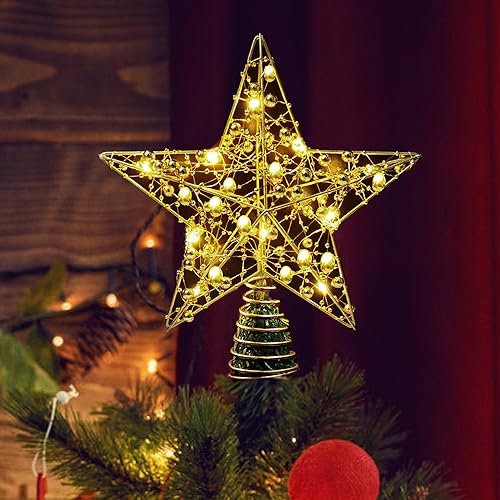 Christbaumspitze, 25 cm Baumspitze Weihnachten, Metall Design glitzerte 20 LED Lichter Christbaumspitze Stern für Festliche Weihnachten zu Hause Weihnachtsbaum Deko (Gold) von Aniepaa