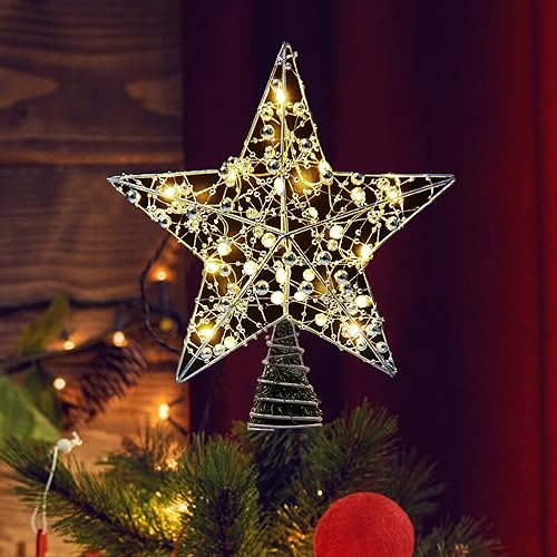 Christbaumspitze, 25 cm Baumspitze Weihnachten, Metall Design glitzerte 20 LED Lichter Christbaumspitze Stern für Festliche Weihnachten zu Hause Weihnachtsbaum Deko (Silber) von Aniepaa
