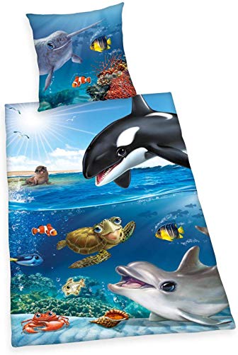 FVLFIL Animal Club Bettwäsche glatt Meerestiere Ocean Orca Delfin Nemo Seehund Schildkröte Schwertwal Krabbe Muschel 135 x 200 cm NEU Wow - All-In-One-Outlet-24 - von Animal Club