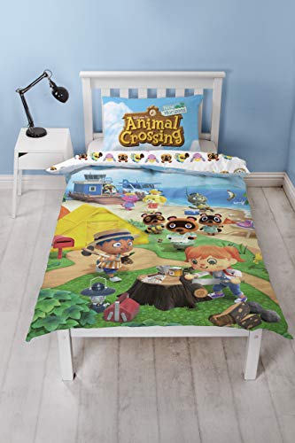 Animal Crossing Bettbezug für Einzelbett, wendbar, zweiseitig, Strand-Design, Polyester-Baumwoll-Mischgewebe, lustige Bettwäsche mit passendem Kissenbezug, mehrfarbig, 200 x 135 cm von Animal Crossing