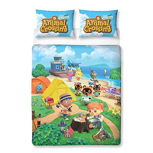 Animal Crossing Offizieller Doppel-Bettbezug | wendbares zweiseitiges Strand-Design | Polycotton Fun Bettwäsche mit passendem Kissenbezug, Mehrfarbig, 200 x 135 cm (Doppelbett) von Animal Crossing
