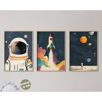 3Er Set Abenteuer Kinderzimmer Poster | Astronaut Raketenschiff Und Distant Galaxy Wandbilder Für Dekor Planeten von Animalismus
