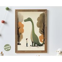 Brontosaurus Freund Und Junge I Abstrakt Minimalistisch Kinderzimmer Dekor Einfache Dino Illustration Gedruckt Retro Laune von Animalismus