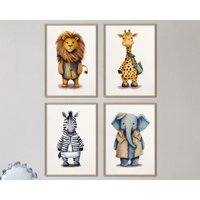 Safari Friends I 4Er Set Kinder Poster | Löwe Giraffe Zebra Elefant Skandinavisch Nursery Gallery Nordisch Wall Art Abstrakt von Animalismus