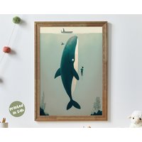 Wal Und Ein Junge, Schwimmend I Abstrakt Minimalistisch Kinderzimmer Dekor Einfache Fisch Illustration Gedruckt Retro Märchen Tier von Animalismus