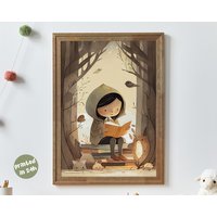 Autumn Wilderness - Cozy Forest Reading Print For Kids | Woodland Girl & Book Wall Art Storytime Nursery Decor Fall Animal Poster von AnimalismusCo
