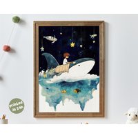 Celestial Whale Voyage - Dreamy Ocean Space Wall Art For Kids | Boy On Print Starry Sky Nursery Poster Imaginative Decor von AnimalismusCo