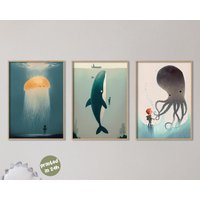 Nautical Set Of 3 | Jellyfish, Whale, Octopus Abstract & Minimalist Decor Print I Fish Illustration Printed Art Ocean Nursery Theme von AnimalismusCo