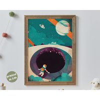 Orbital Odyssey | Into The Unknown - Space Kids Poster Child Near Black Hole Imaginative Wall Art For Nursery Or Playroom Decor Print von AnimalismusCo