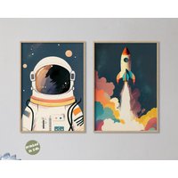 Set Of 2 Space Wall Art Posters | Astronaut & Rocket Poster For Kids Room Nursery Galaxy Decor Cosmic Stars Adventure Spaceship Retro von AnimalismusCo