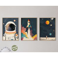 Set Of 3 Space Adventure Nursery Art Prints | Astronaut Rocket Ship & Distant Galaxy Wall For Children's Room Decor Planets von AnimalismusCo