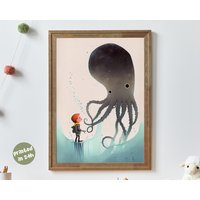 Tangled Octopus - Whimsical Ocean Poster For Kids Room | Surreal Sea Fish & Child Illustration Nursery Minimalist Watercolor Printed Art von AnimalismusCo