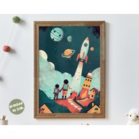 Until Again I Space Adventure Buddies | Rocket Launch Wall Art Whimsical Astronaut Poster For Kids Room Galaxy Dream Nursery Decor Print von AnimalismusCo