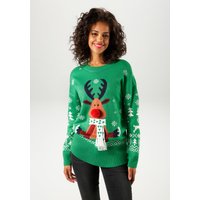 Aniston CASUAL Weihnachtspullover mit Bommel-Nase und Fransenschal von Aniston Casual