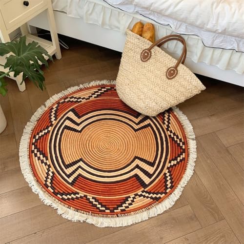 Aniyan Handgewebter Baumwollteppich Rund Boho Stil mit Fransen, Geflochtener Teppich Waschbar Faltbar rutschfest, Weicher Teppich für Wohnzimmer Schlafzimmer Küche Flur (Ø 100cm,Muster B) von Aniyan