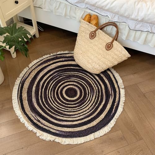 Aniyan Handgewebter Baumwollteppich Rund Boho Stil mit Fransen, Geflochtener Teppich Waschbar Faltbar rutschfest, Weicher Teppich für Wohnzimmer Schlafzimmer Küche Flur (Ø 100cm,Muster D) von Aniyan