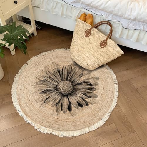 Aniyan Handgewebter Baumwollteppich Rund Boho Stil mit Fransen, Geflochtener Teppich Waschbar Faltbar rutschfest, Weicher Teppich für Wohnzimmer Schlafzimmer Küche Flur (Ø 100cm,Muster H) von Aniyan