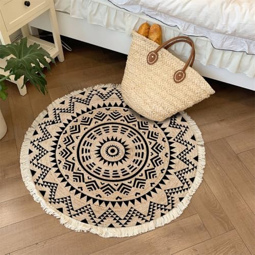 Aniyan Handgewebter Baumwollteppich Rund Boho Stil mit Fransen, Geflochtener Teppich Waschbar Faltbar rutschfest, Weicher Teppich für Wohnzimmer Schlafzimmer Küche Flur (Ø 100cm,Muster J) von Aniyan
