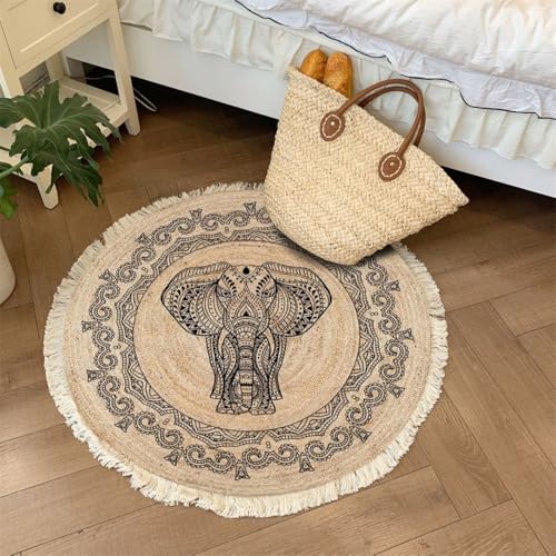 Aniyan Handgewebter Baumwollteppich Rund Boho Stil mit Fransen, Geflochtener Teppich Waschbar Faltbar rutschfest, Weicher Teppich für Wohnzimmer Schlafzimmer Küche Flur (Ø 60cm,Muster G) von Aniyan
