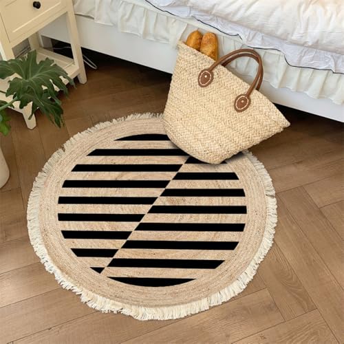 Aniyan Handgewebter Baumwollteppich Rund Boho Stil mit Fransen, Geflochtener Teppich Waschbar Faltbar rutschfest, Weicher Teppich für Wohnzimmer Schlafzimmer Küche Flur (Ø 60cm,Muster K) von Aniyan
