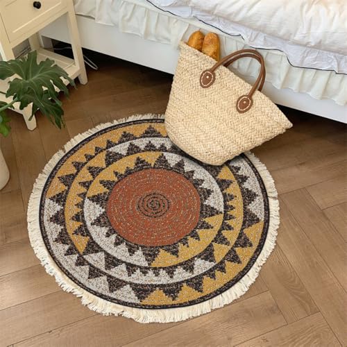 Aniyan Handgewebter Baumwollteppich Rund Boho Stil mit Fransen, Geflochtener Teppich Waschbar Faltbar rutschfest, Weicher Teppich für Wohnzimmer Schlafzimmer Küche Flur (Ø 80cm,Muster C) von Aniyan
