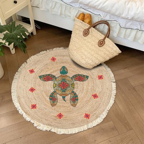 Aniyan Handgewebter Baumwollteppich Rund Boho Stil mit Fransen, Geflochtener Teppich Waschbar Faltbar rutschfest, Weicher Teppich für Wohnzimmer Schlafzimmer Küche Flur (Ø 80cm,Muster F) von Aniyan