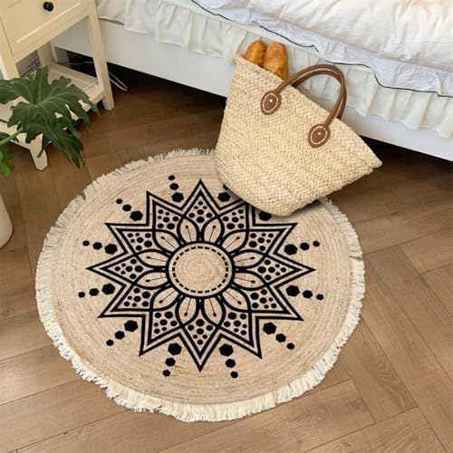 Aniyan Handgewebter Baumwollteppich Rund Boho Stil mit Fransen, Geflochtener Teppich Waschbar Faltbar rutschfest, Weicher Teppich für Wohnzimmer Schlafzimmer Küche Flur (Ø 80cm,Muster I) von Aniyan